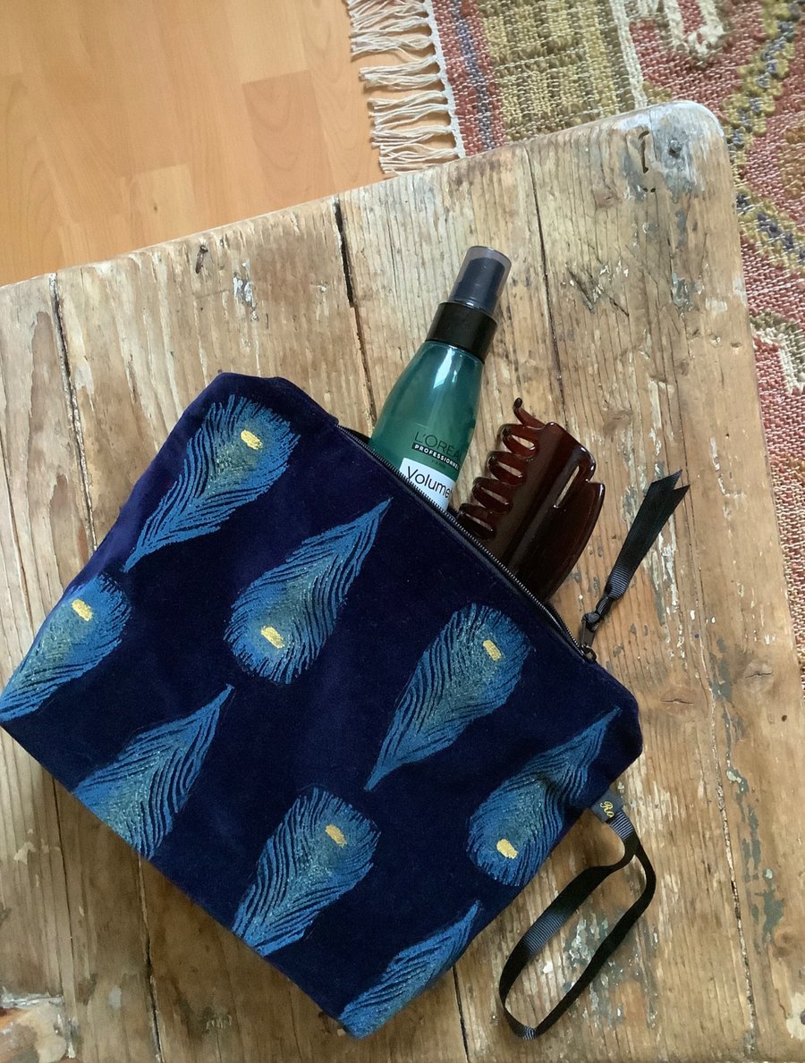 Image of Peacock Makeup Bag, Hand Printed Velvet Cosmetic Bag, Midnight Blue Travel Pouch