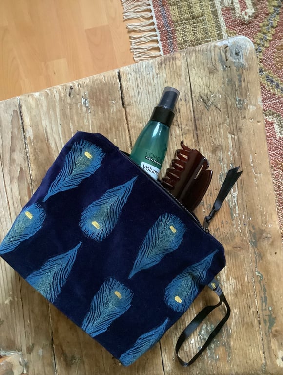 Peacock Makeup Bag, Hand Printed Velvet Cosmetic Bag, Midnight Blue Travel Pouch