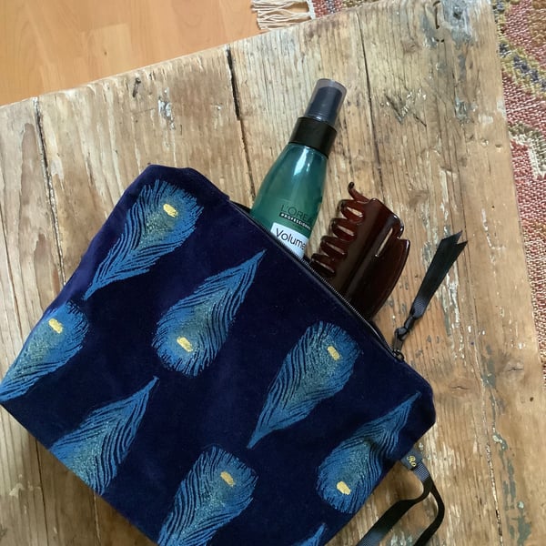 Peacock Makeup Bag, Hand Printed Velvet Cosmetic Bag, Midnight Blue Travel Pouch