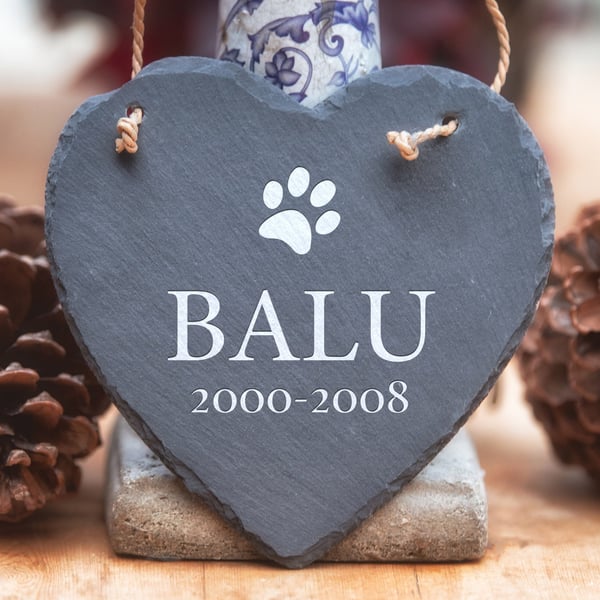 Personalised Pet Slate Heart and Dates with Paw Print