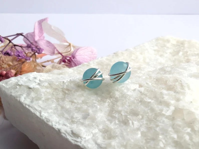 AQUAMARINE Stud Earrings Sterling Silver or 14K Gold Filled March Birthstone 