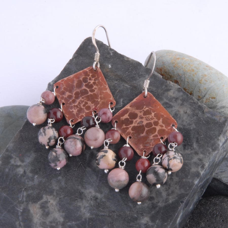 maroon jasper and rhodonite fringed textured copper and sterling silver earrings