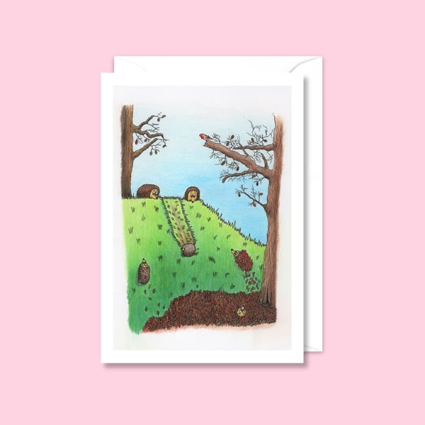Playful Hedgehogs Greeting Card: Cute Hand Drawn Pencil Illustration (214)