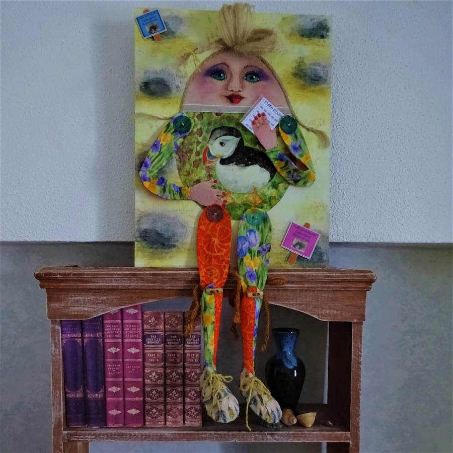 Artwork - art doll, unique, hand-painted silk puffin design - Betsy Burrows