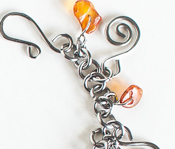 Stainless Steel and Amber Charm Bracelet Amber Chips Spiral Charms Handmade