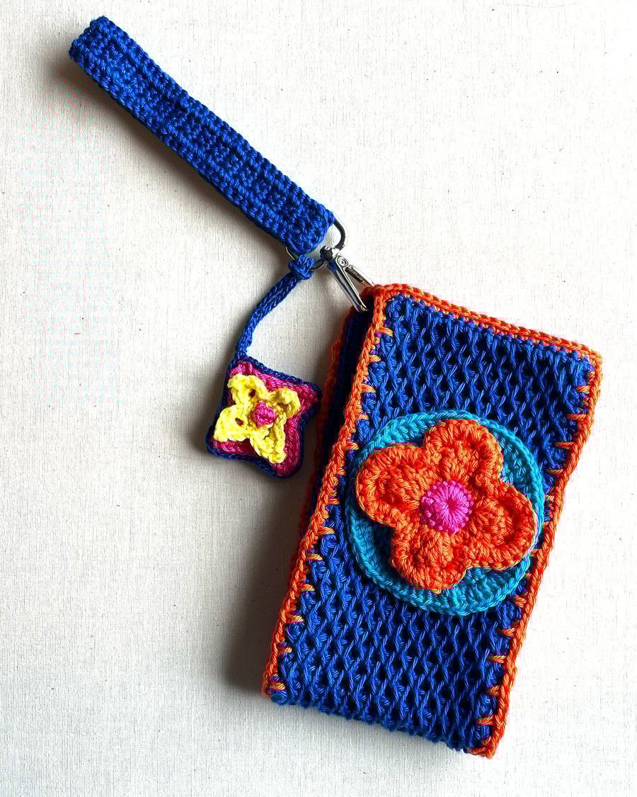 Phone Pouch Wristlet, Crochet, Blue, Orange, Yellow