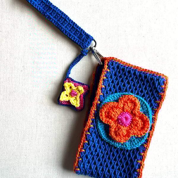 Phone Pouch Wristlet, Crochet, Blue, Orange, Yellow