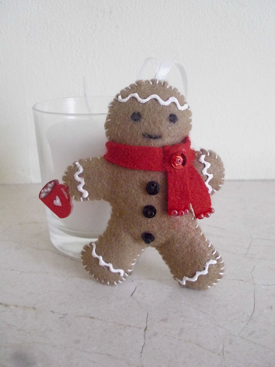 Felt Gingerbread Man Scented Decoration - Red Scarf - Hot Chocolate - Decoration