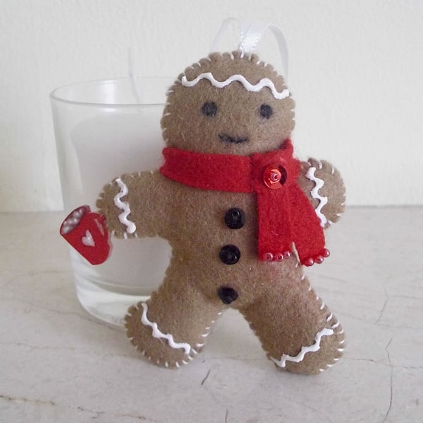 Felt Gingerbread Man Scented Decoration - Red Scarf - Hot Chocolate - Decoration