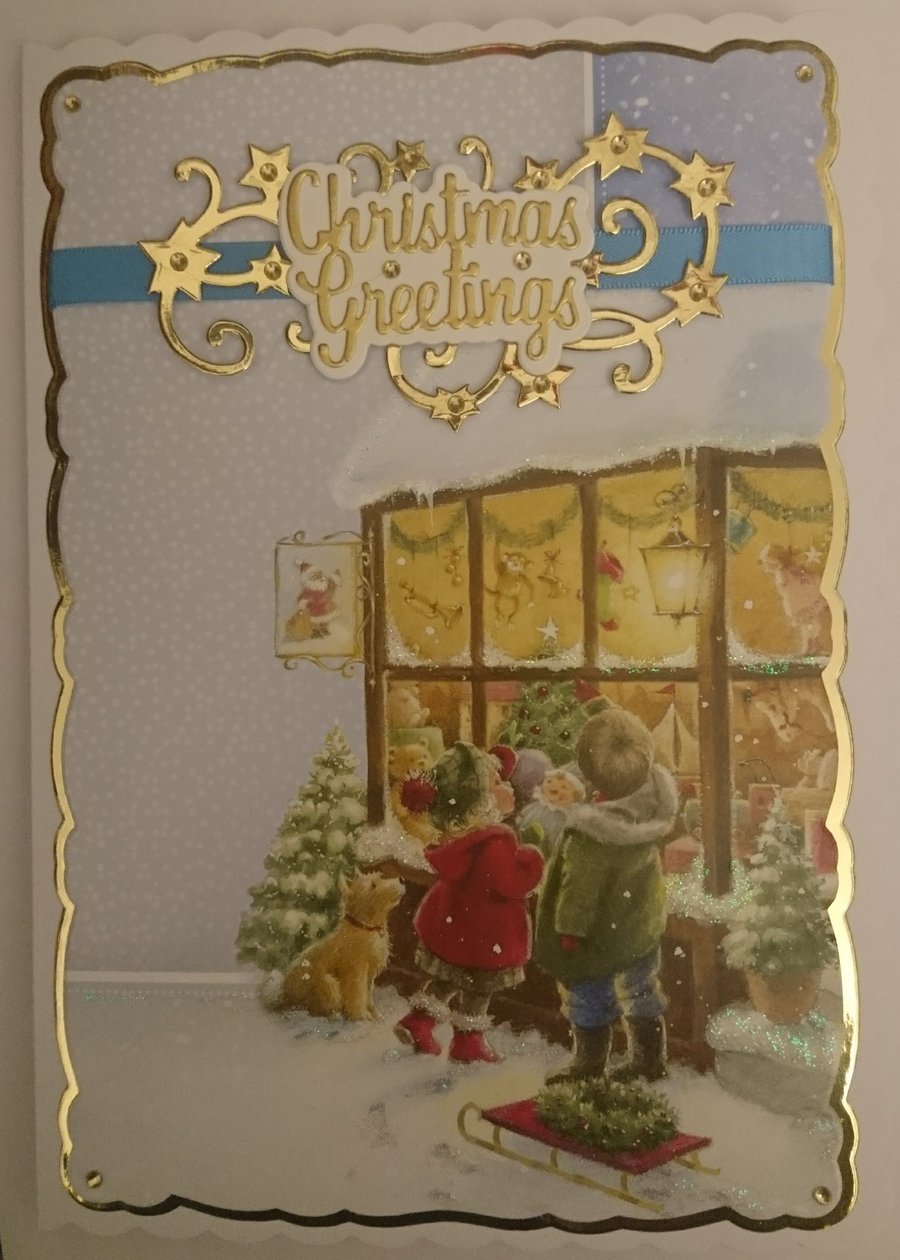 Christmas Card Children and Dog at the Toy Shop Window Christmas Greetings