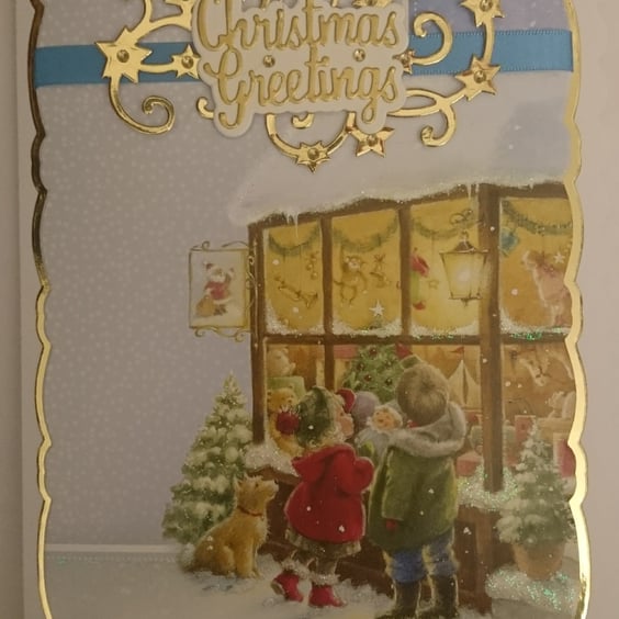 Christmas Card Children and Dog at the Toy Shop Window Christmas Greetings