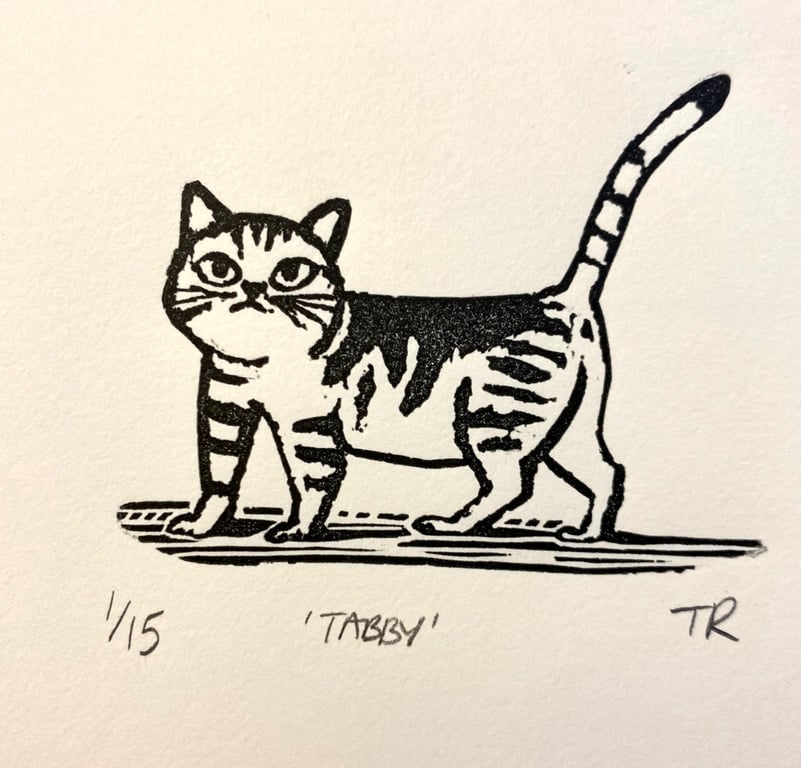 Tabby Cat hand printed linocut print