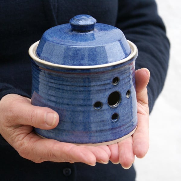 Stoneware pottery garlic jar - glazed in glossy midnight blue