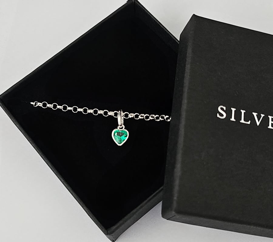 Sterling Silver Heart Charm Birthstone Bracelet, 925, Cubic Zirconia