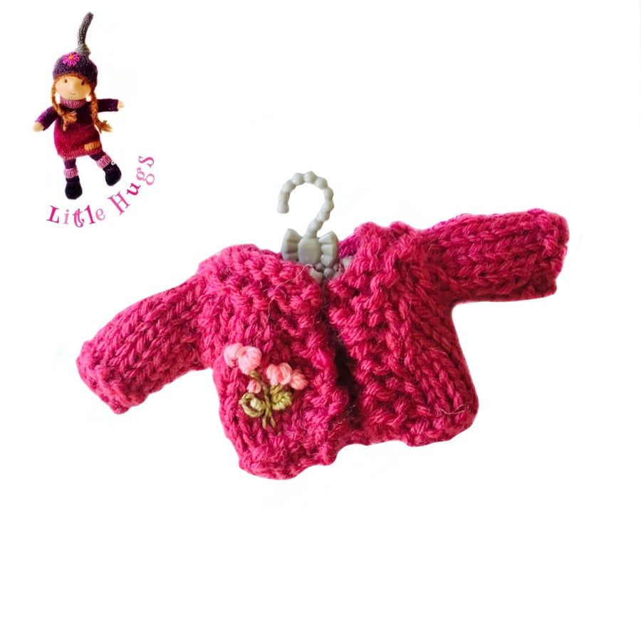Reserved for Gill - Bright Pink Embroidered Cardigan to fit the Little Hug Dolls