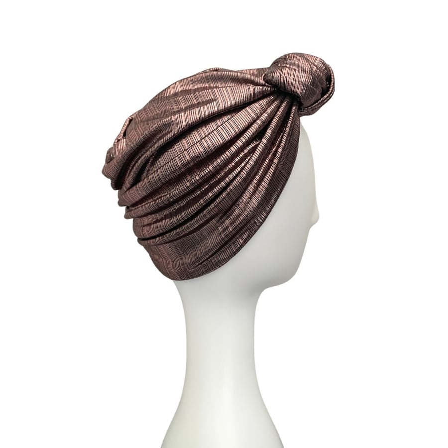Metallic Striped Rose Gold Knot Turban Hat, Sparkly Festive Headpiece, Christmas