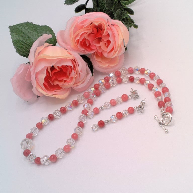 Rhodonite and Vintage Crystal Beaded Necklace & Earrings, Gift for Her