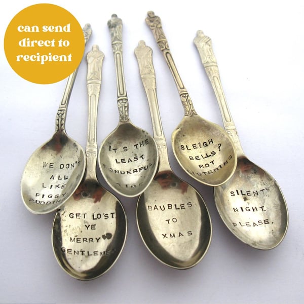 Six More Xmas Grumpy Apostles, Hand Stamped Vintage Coffee Spoons