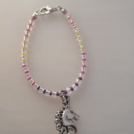 Kids  multi colour seed bead bracelet with unicorn charm