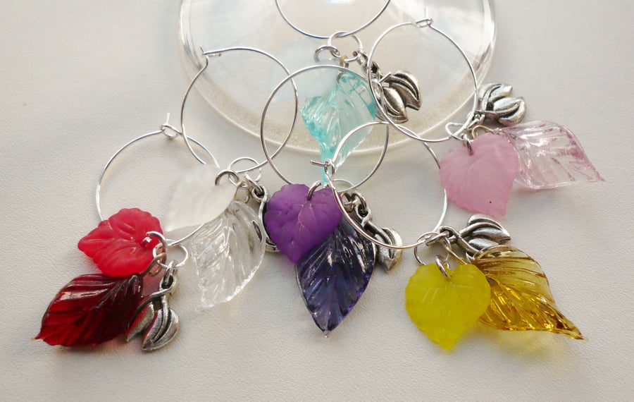 Glass and Lucite and Silver Leaved Wine Glass Charms  KCJWG1632