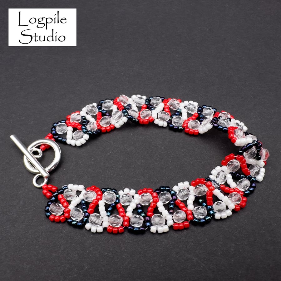 Handmade Crystal and Bead Bracelet Red White and Blue