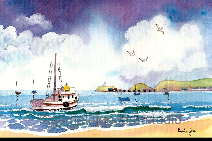 Fishing Boat In The Bay, Mumbles, Wales, Watercolour Print in 20 x 16'' mount