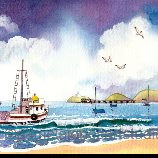 Fishing Boat In The Bay, Mumbles, Wales, Watercolour Print in 20 x 16'' mount