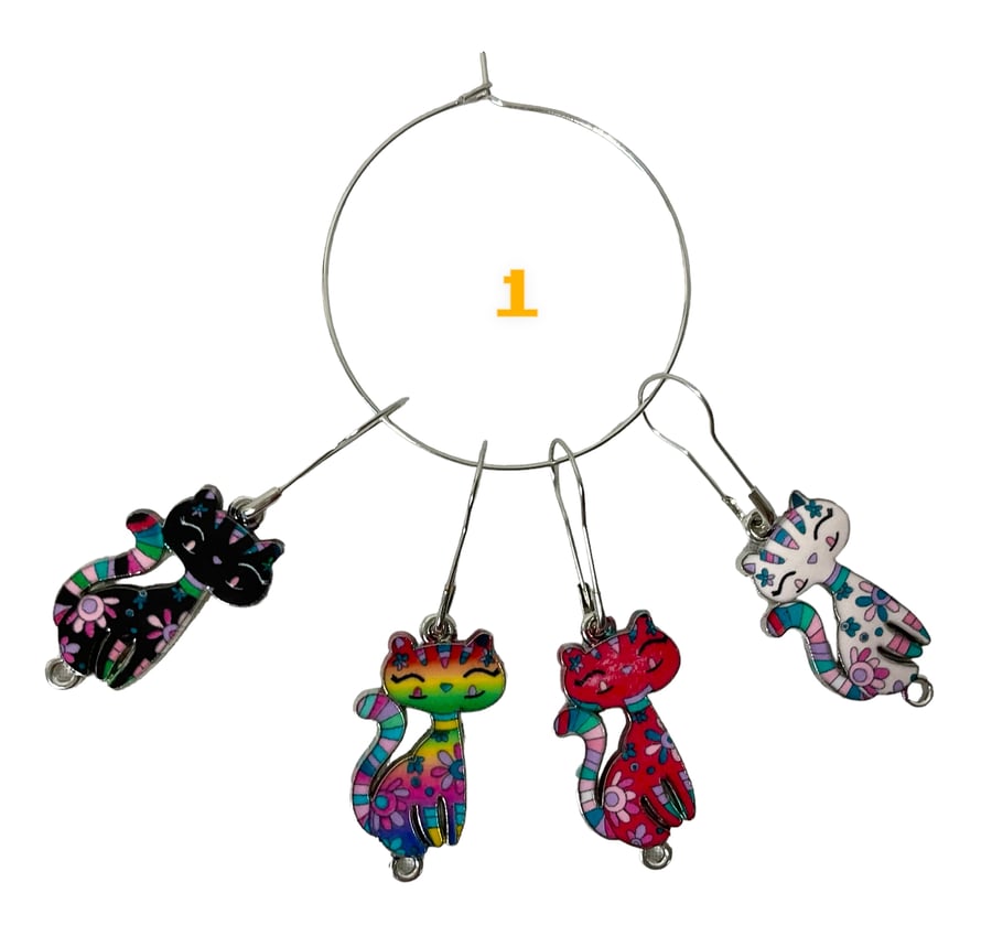 Cat Stitch markers for knitting and crochet, enamelled colourful 