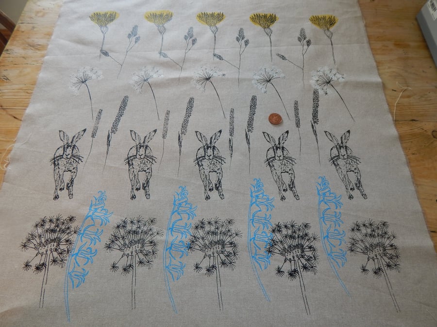 Hare and Wild Flowers - Screen printed Fabric piece 73cm by 68cm