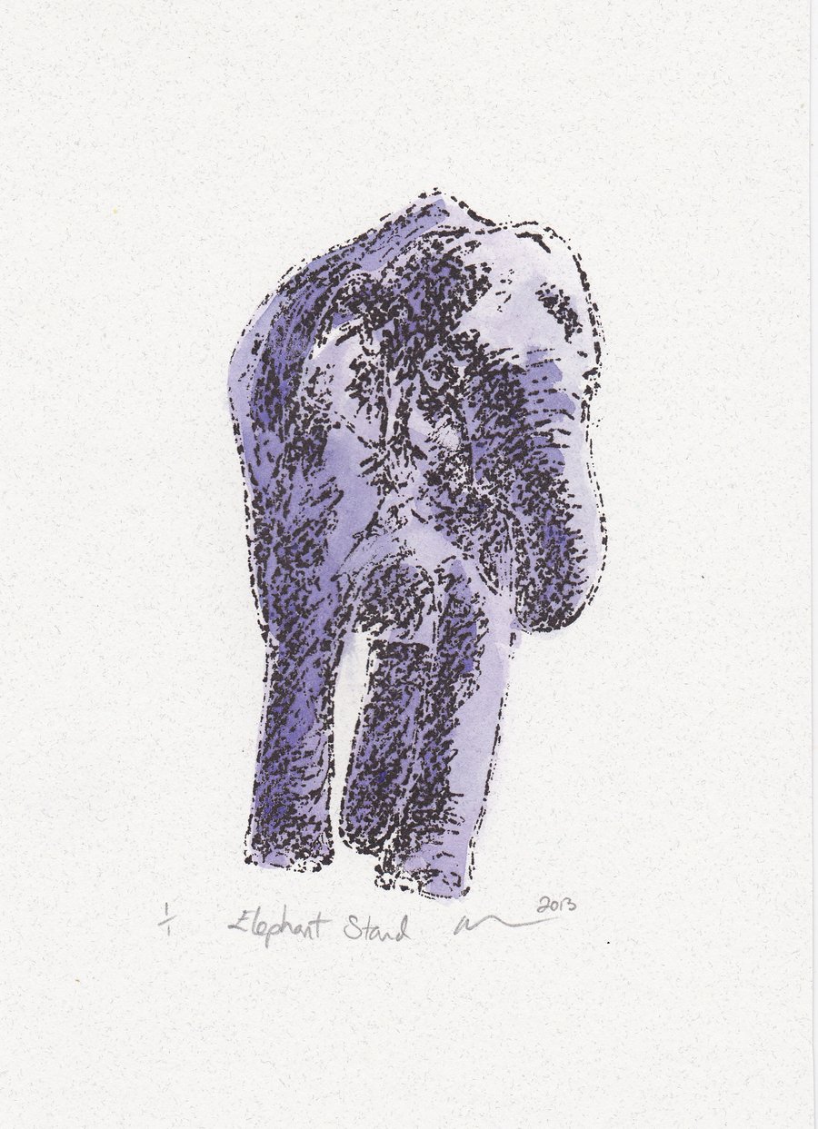 Elephant Stand One-Off Gocco Print  With Watercolour Art