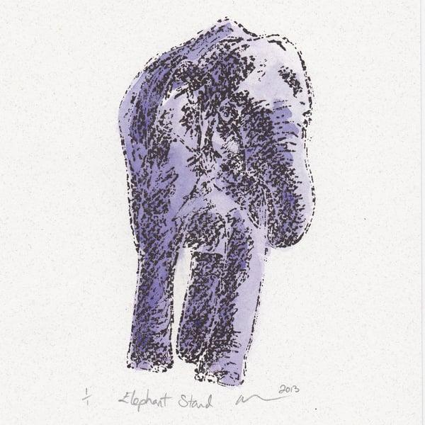 Elephant Stand One-Off Gocco Print  With Watercolour Art