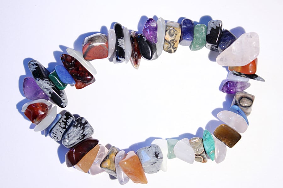Mixed multicoloured gemstone chips elasticated bracelet, stacking bracelet
