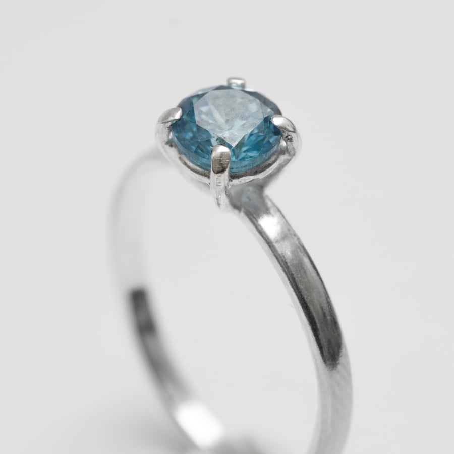 Handmade Classic Prong Setting Silver Ring, with round blue zirconia
