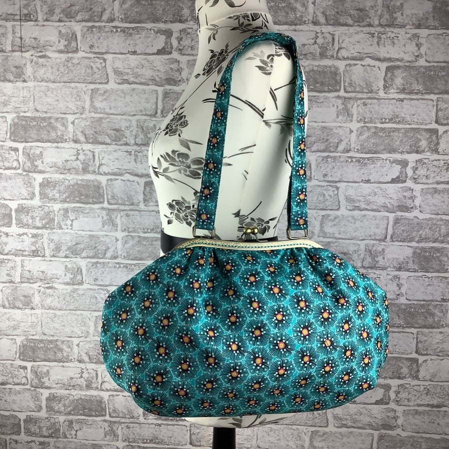 Floral poppies large fabric frame handbag, Turquoise bag Kiss clasp, 2 straps