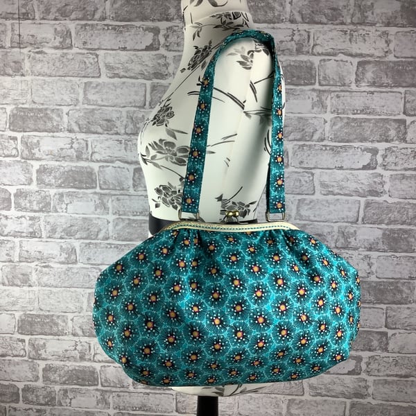 Floral large fabric frame bag, Kiss clasp shoulder bag, 2 straps