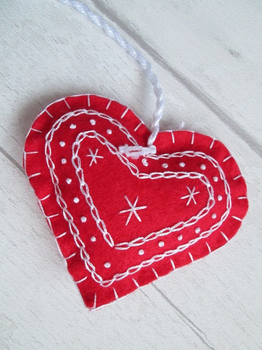 Scandi Style Embroidered Felt Heart Christmas Decoration