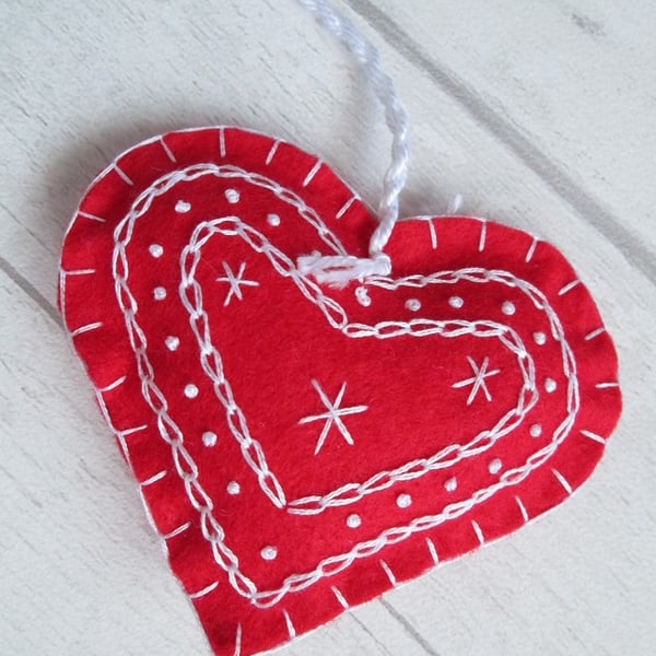 Scandi Style Embroidered Felt Heart Christmas Decoration