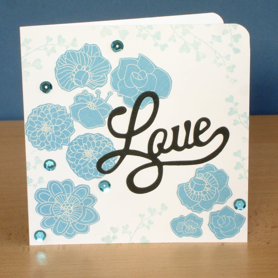 Love Blue and White Floral handmade Wedding,Valentine's or Anniversary Card