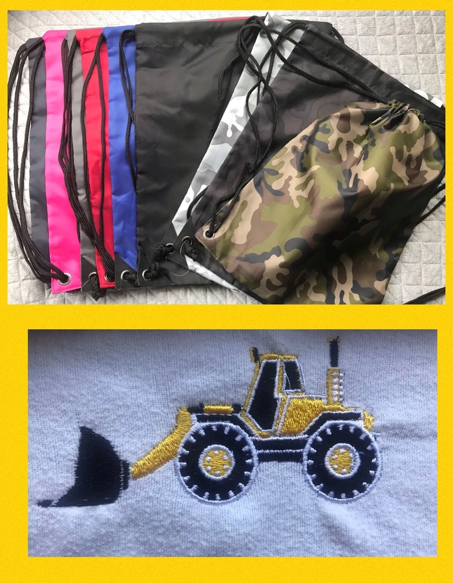 DIGGER GYMSAC Personalised with Embroidery - BagBase TRUCK VEHICLE