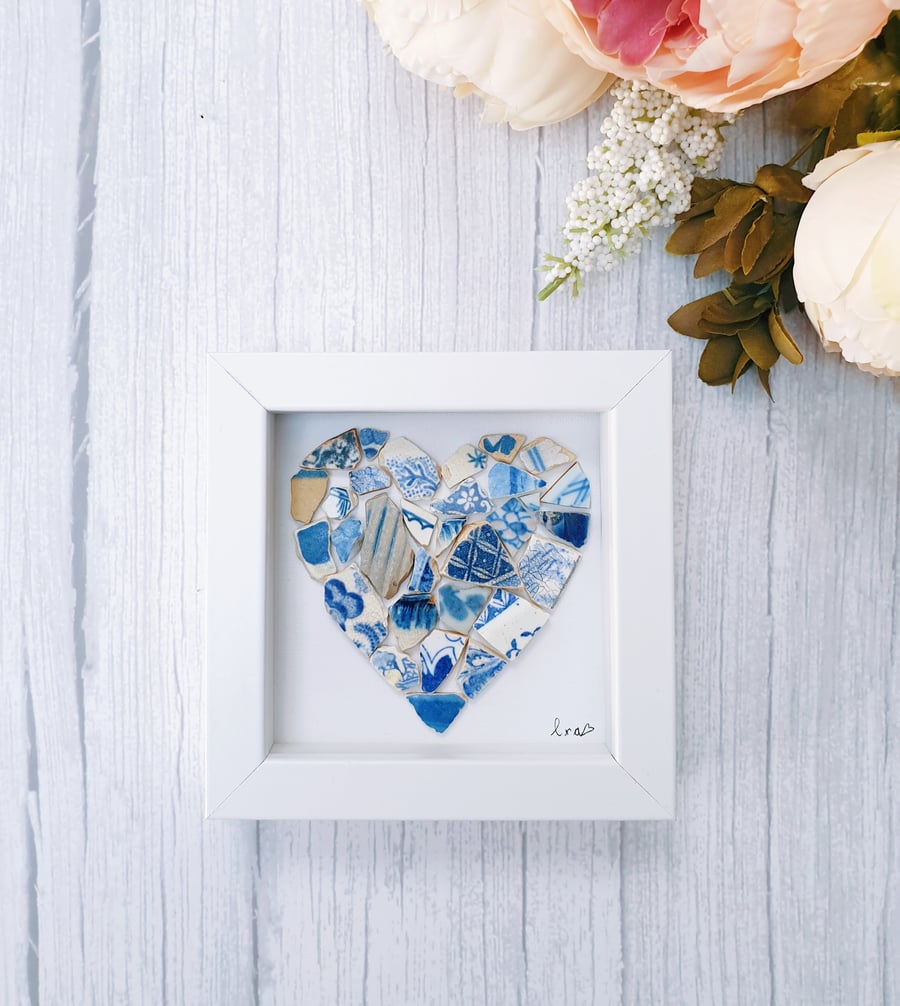 Vintage blue river Thames pottery heart mosaic