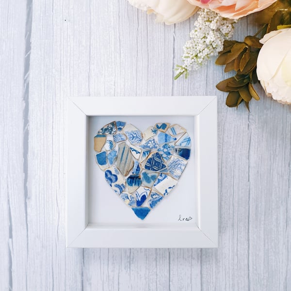 Vintage blue river Thames pottery heart mosaic