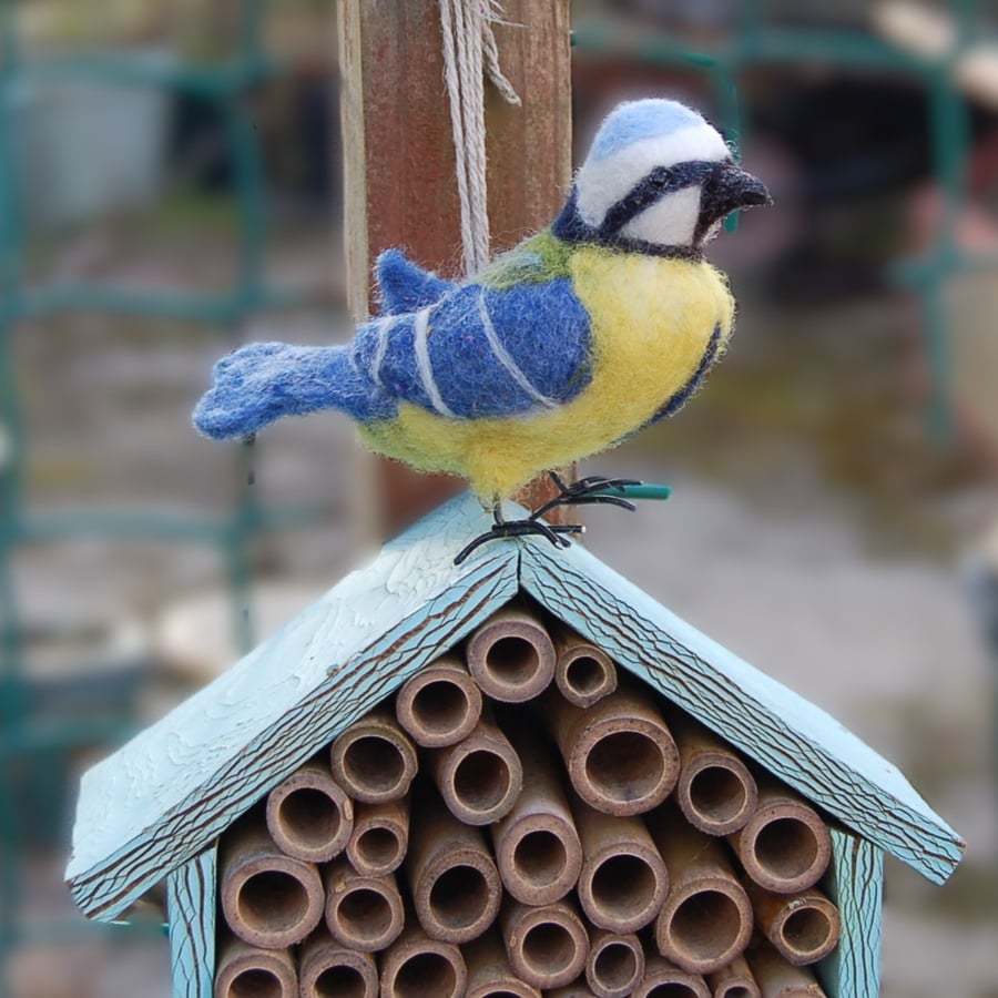 Needle Felt Bluetit - wool textile art - garden bird