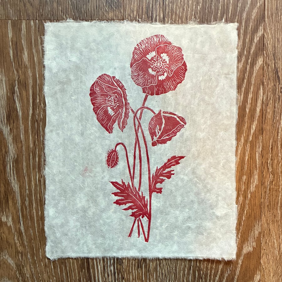 PERFECTLY IMPERFECT Wild poppies original linocut print in red