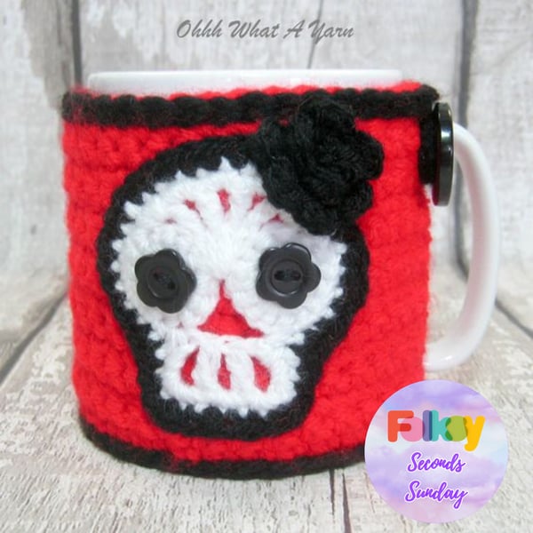 Seconds Sunday end of line. Crochet red sugar skull mug hug, mug cosy, mug cozy.