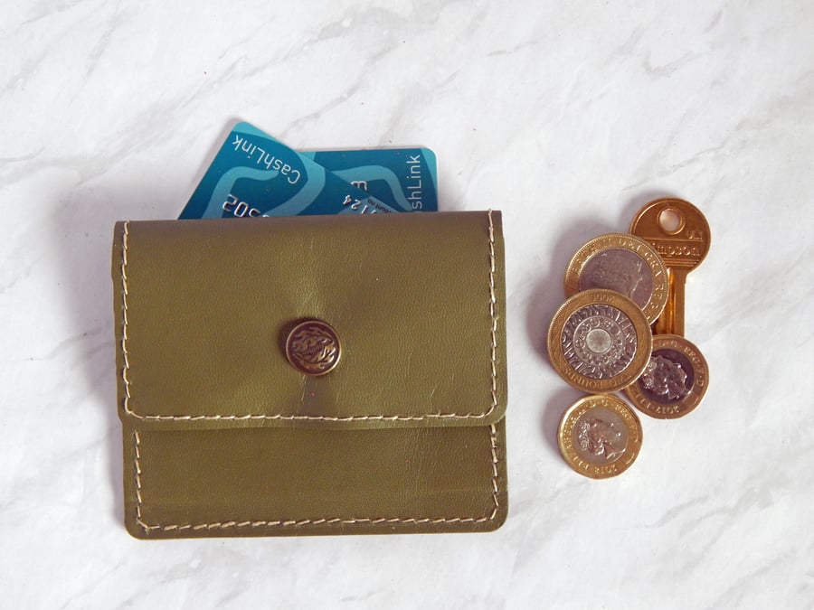 Leather Pocket Purse for Coins and Cards, Olive Green. Gifts for Men