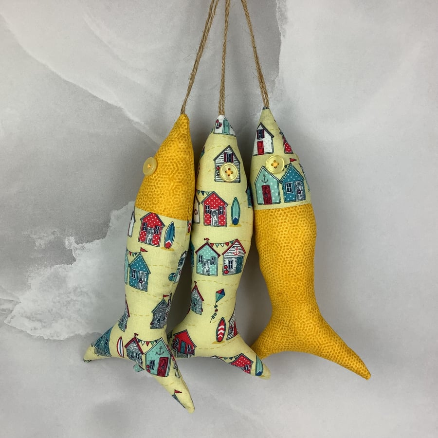 Beach huts hanging fabric fish set, Handmade