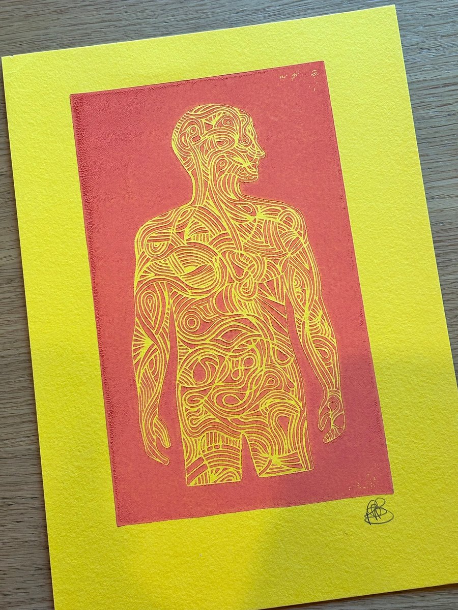 Hand printed original linocut print. Orange ink on A4 yellow card.