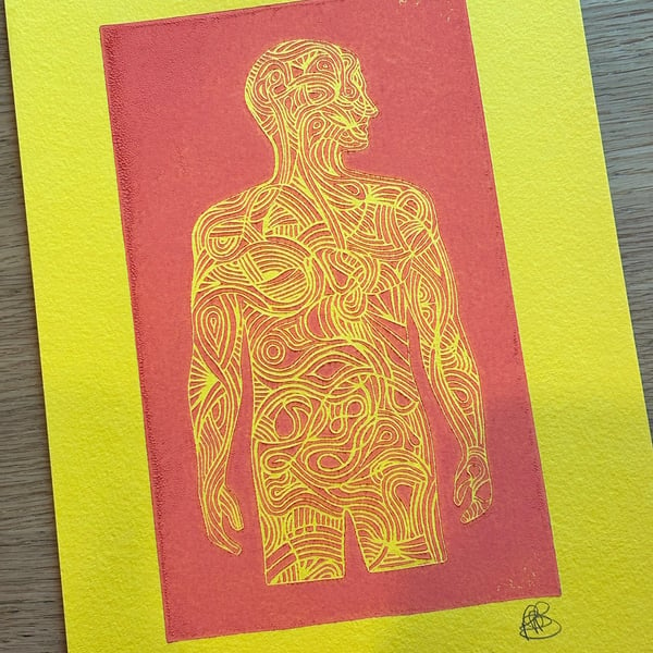 Hand printed original linocut print. Orange ink on A4 yellow card.