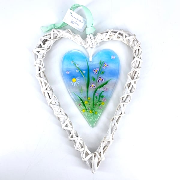 Glass & Wicker Heart with Pretty Pink & Yellow Flowers