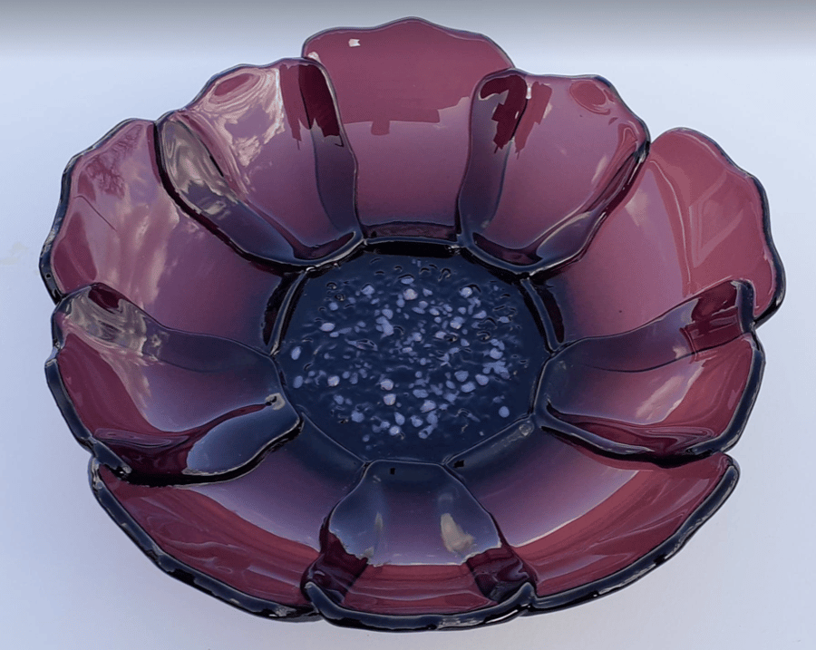 Fused glass flower dish, transparent plum colour